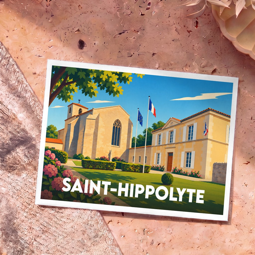 Carte postale souvenir de la ville de Saint-Hippolyte avec une illustration stylisée de son église et de sa mairie.