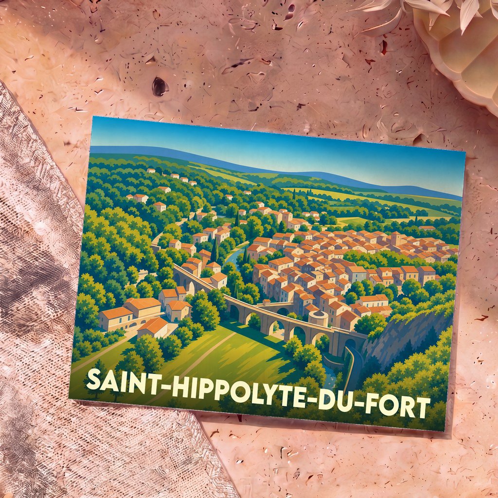 Carte postale souvenir de la ville de Saint-Hippolyte-du-Fort avec une illustration stylisée d'un village pittoresque et son viaduc.