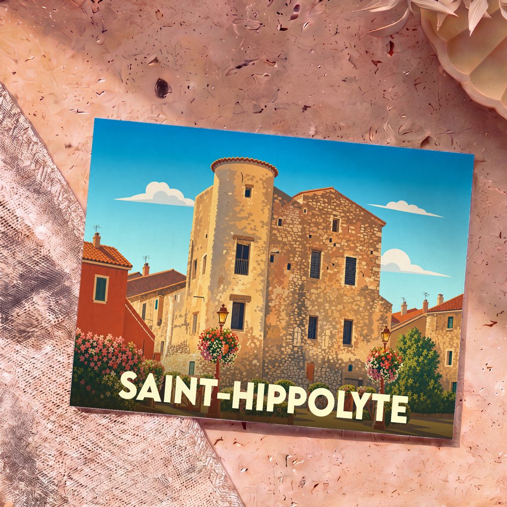 Carte postale souvenir de la ville de Saint-Hippolyte illustrée dans un style vintage coloré.