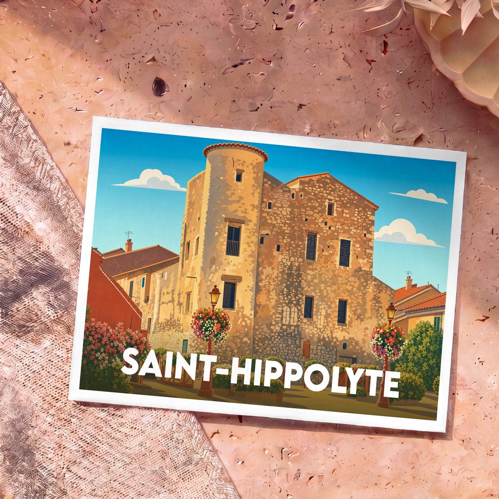 Carte postale souvenir de la ville de Saint-Hippolyte illustrée dans un style vintage coloré.