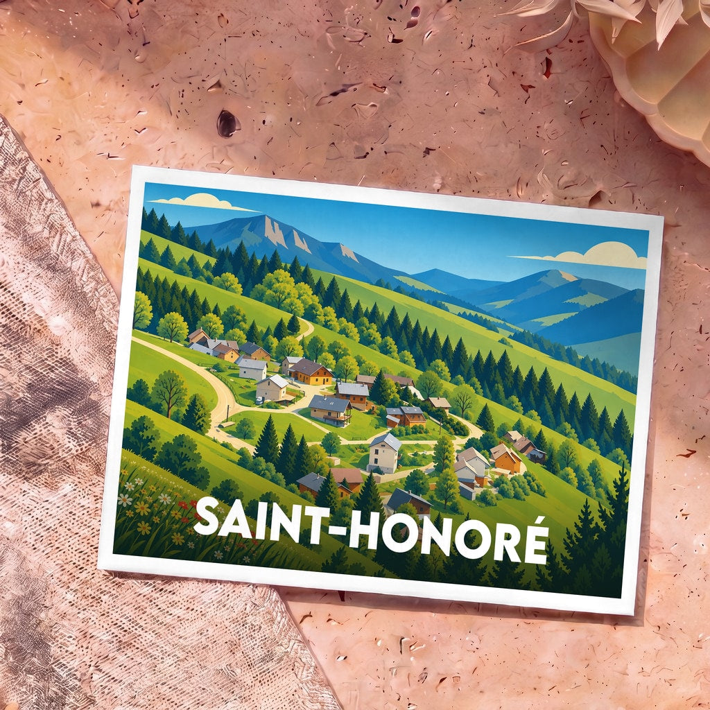 Carte postale souvenir de la ville de Saint-Honoré avec une illustration stylisée d'un village de montagne.