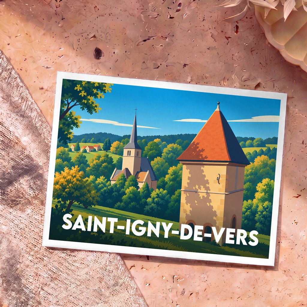 Carte postale souvenir de la ville de Saint-Igny-de-Vers avec une illustration stylisée d'un paysage de campagne et de son église.