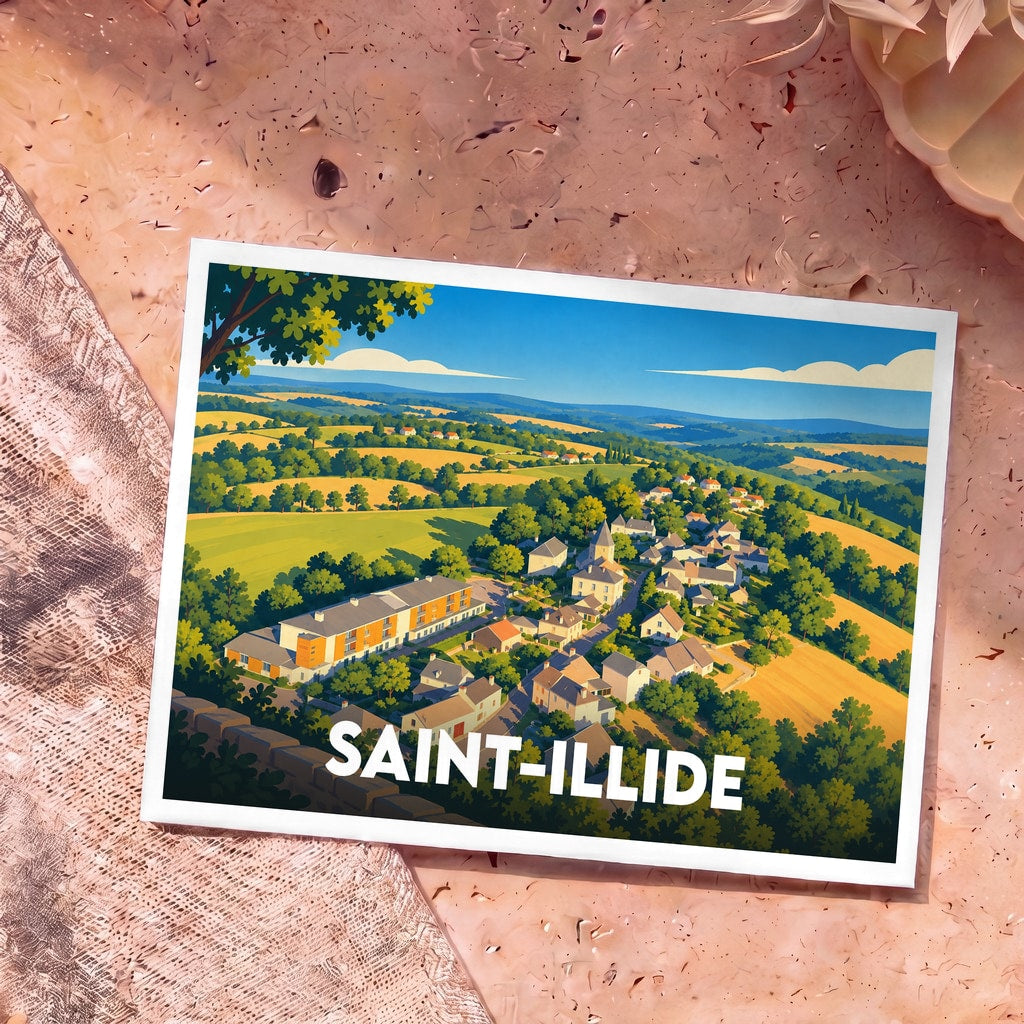 Carte postale souvenir de la ville de Saint-Illide avec une illustration stylisée d'un village niché dans une vallée verdoyante.
