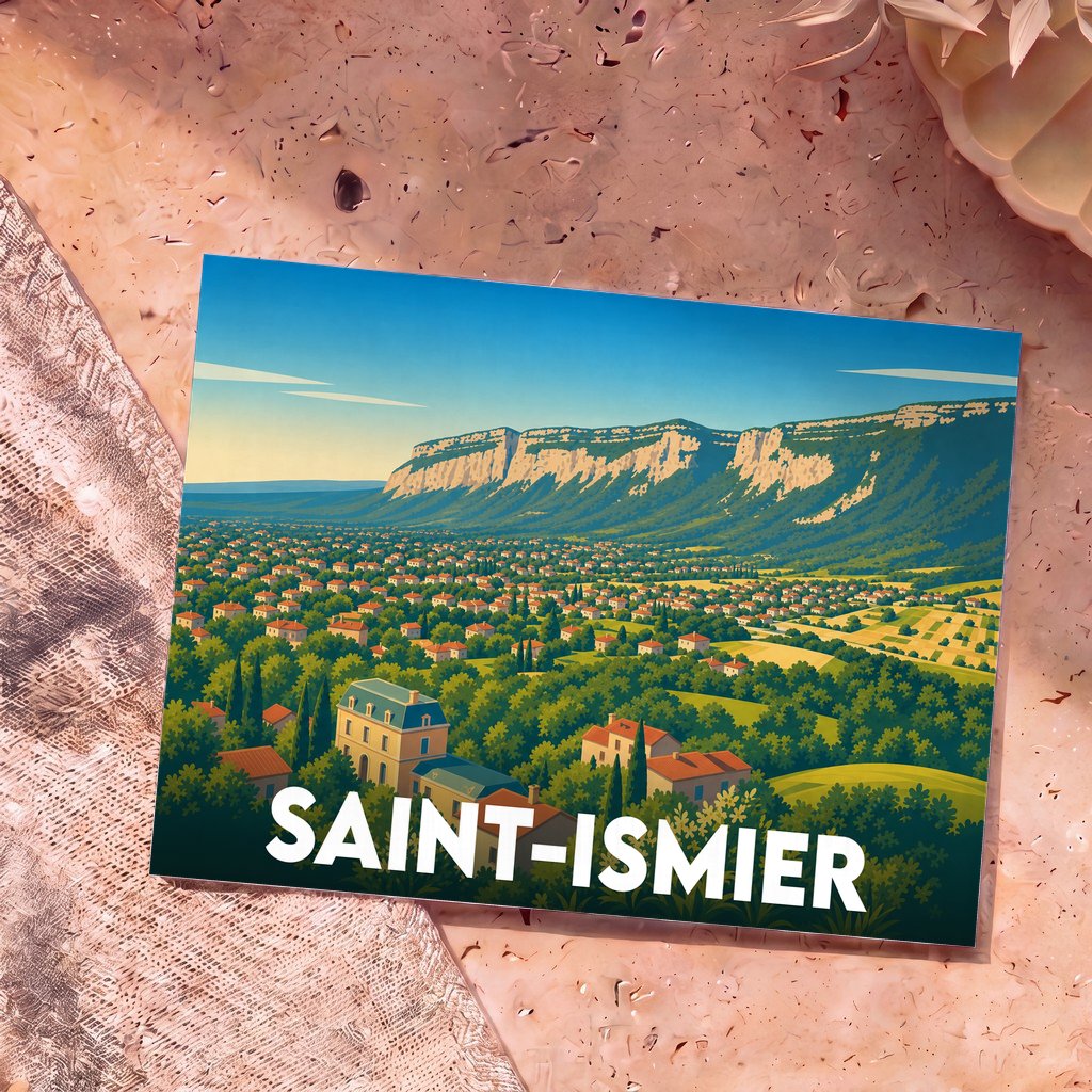 Carte postale souvenir de la ville de Saint-Ismier avec une illustration stylisée d'un paysage montagneux surplombant la vallée.