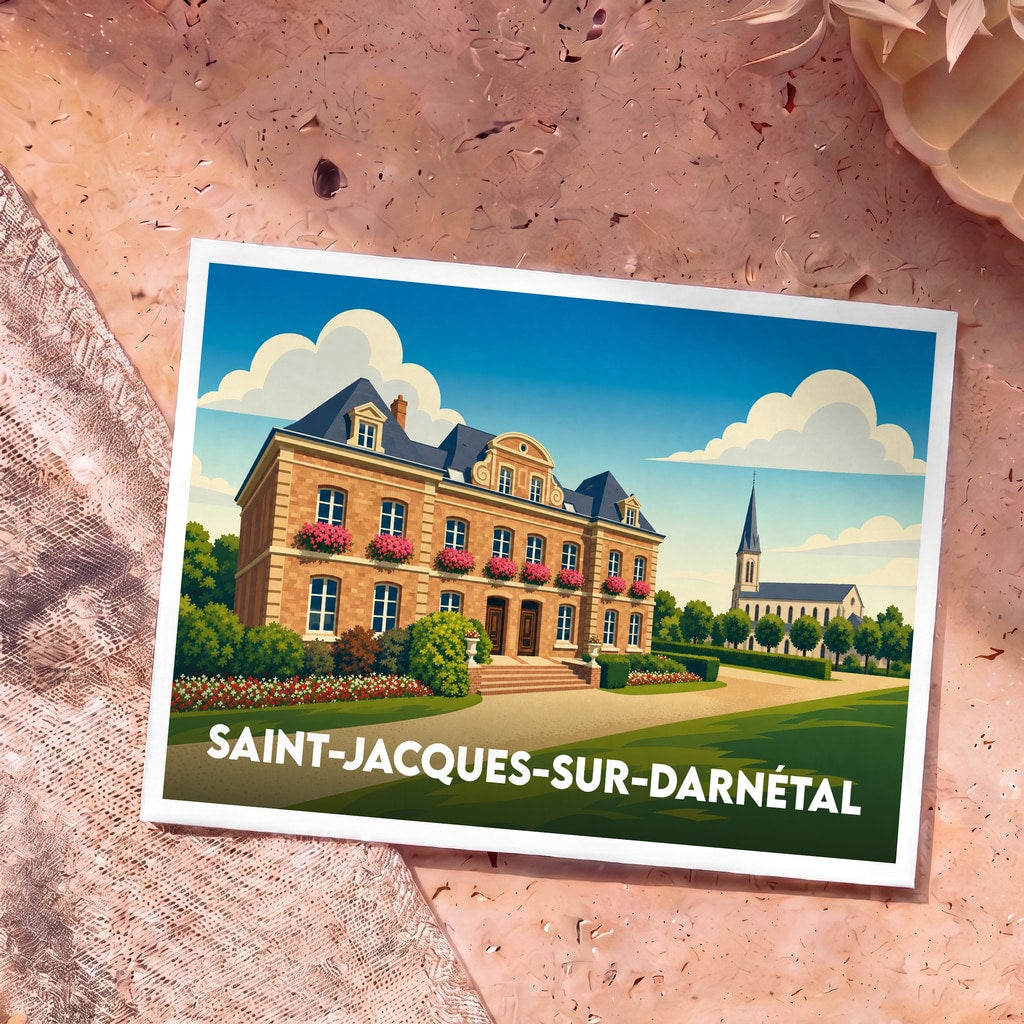 Carte postale souvenir de la ville de Saint-Jacques-sur-Darnétal avec une illustration stylisée de sa mairie et de son église.