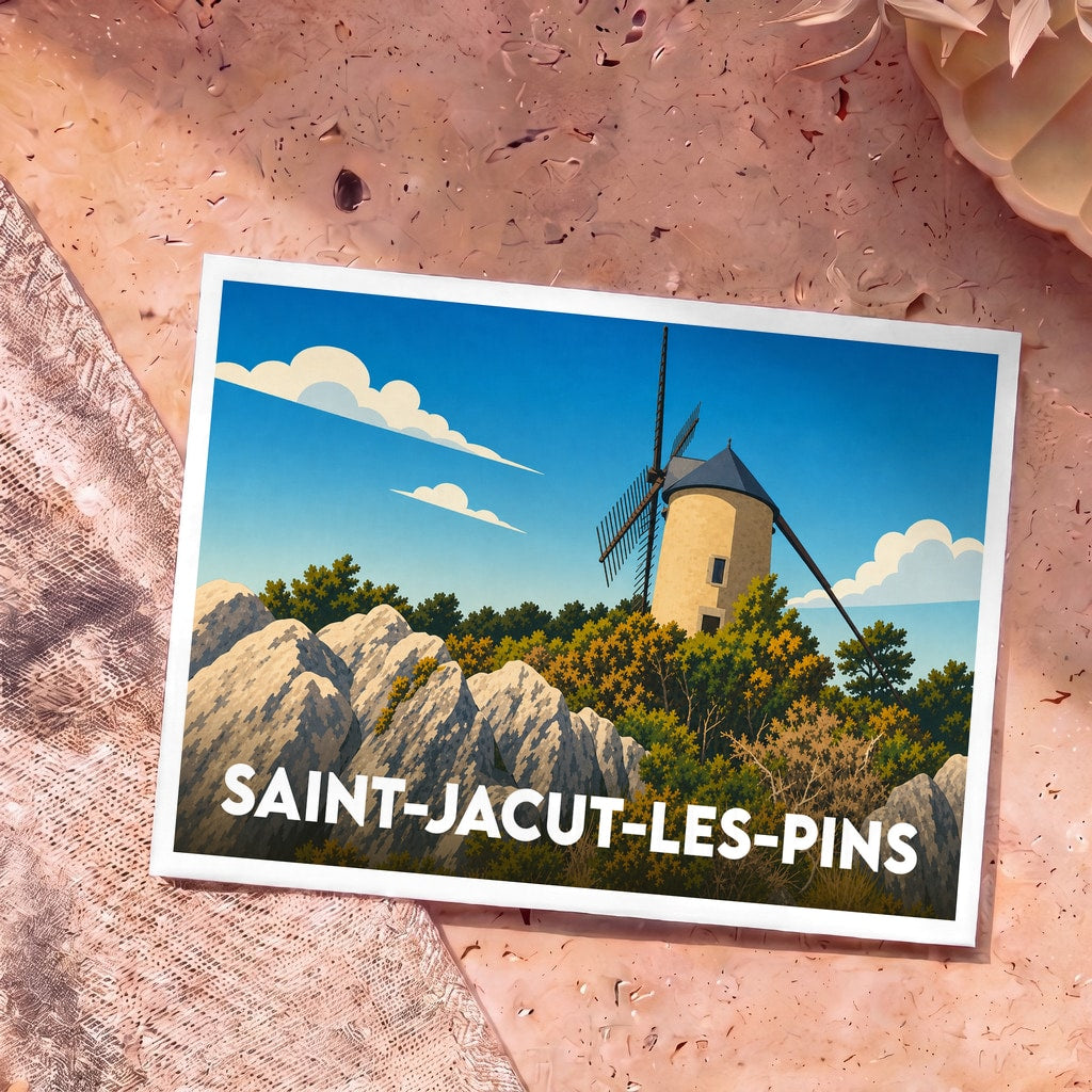 Carte postale souvenir de la ville de Saint-Jacut-les-Pins illustrant un moulin à vent dominant un paysage rocheux et boisé.