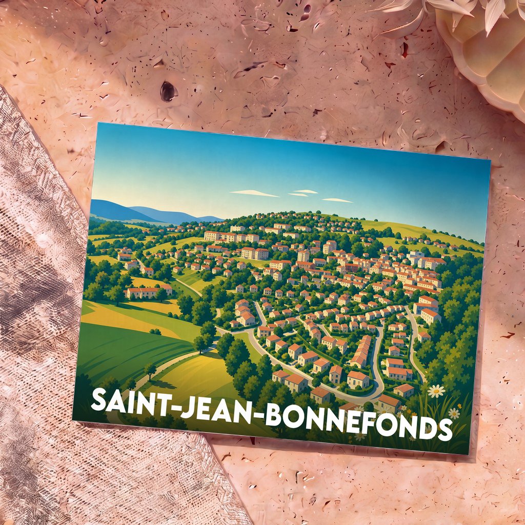 Carte postale souvenir de la ville de Saint-Jean-Bonnefonds avec une illustration stylisée et colorée de ses collines.