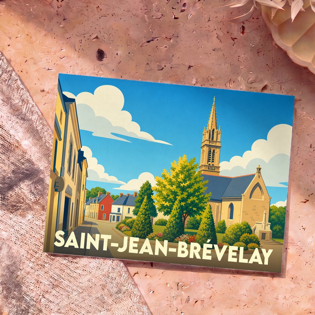 Carte postale souvenir de la ville de Saint-Jean-Brévelay avec une illustration stylisée de son église et de ses maisons colorées.