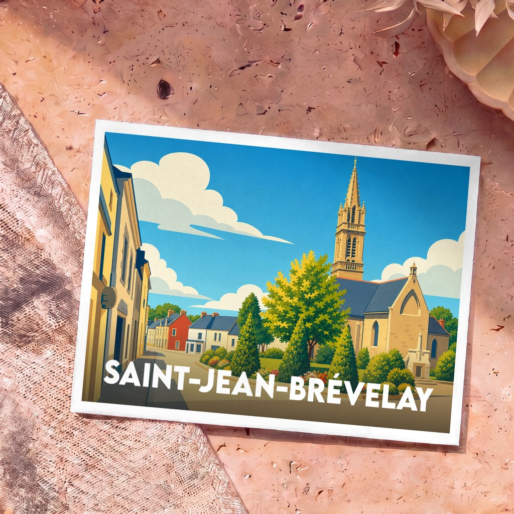 Carte postale souvenir de la ville de Saint-Jean-Brévelay avec une illustration stylisée de son église et de ses maisons colorées.