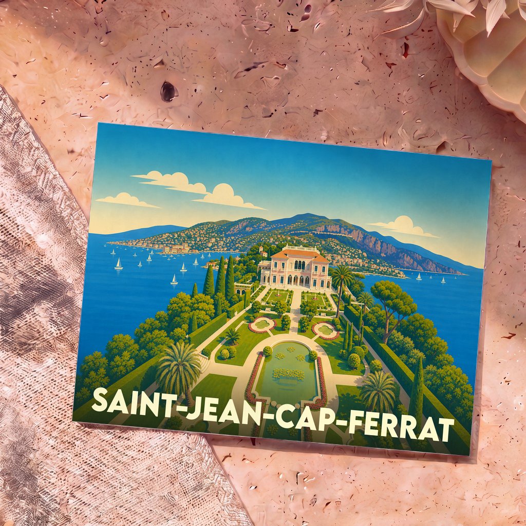 Carte postale souvenir de la ville de Saint-Jean-Cap-Ferrat avec une illustration stylisée de la villa Ephrussi de Rothschild et de ses jardins.