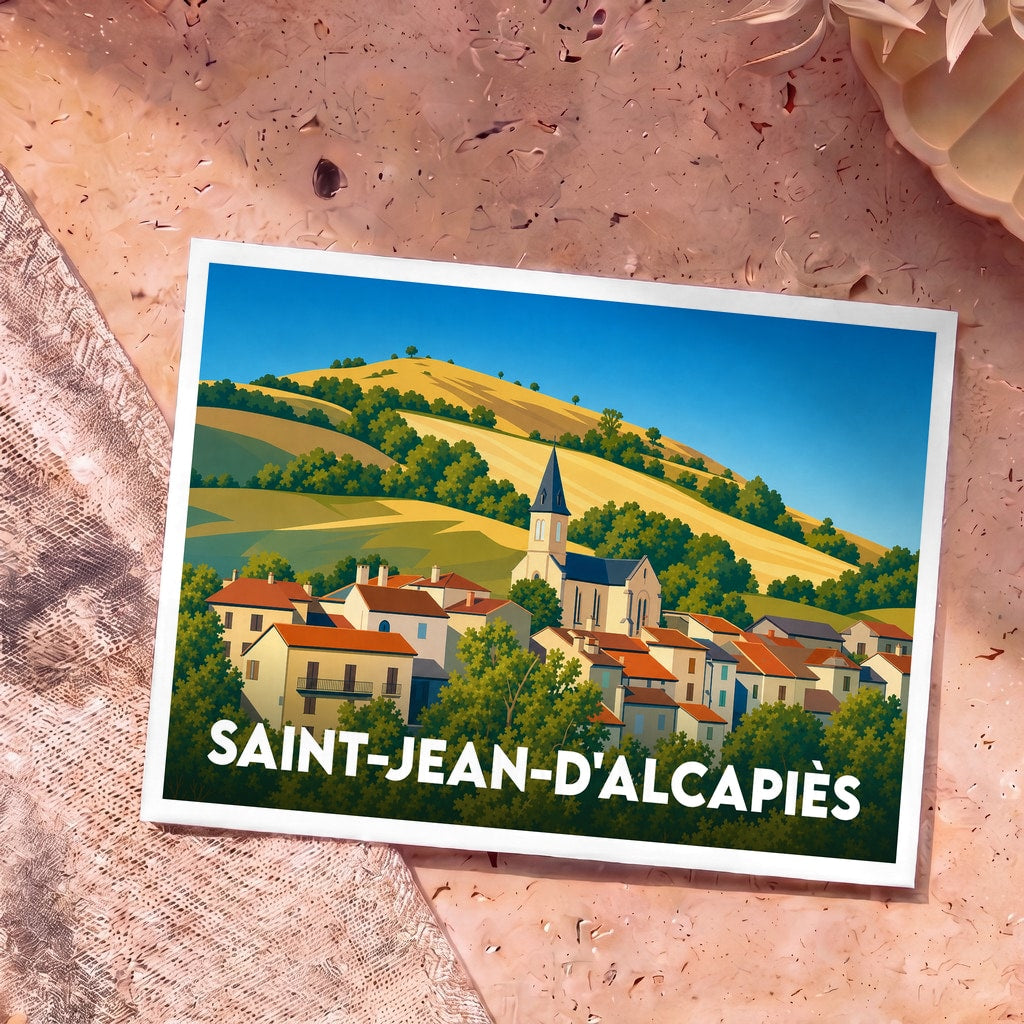 Carte postale souvenir de Saint-Jean-d'Alcapiès avec une illustration stylisée du village et de son église.