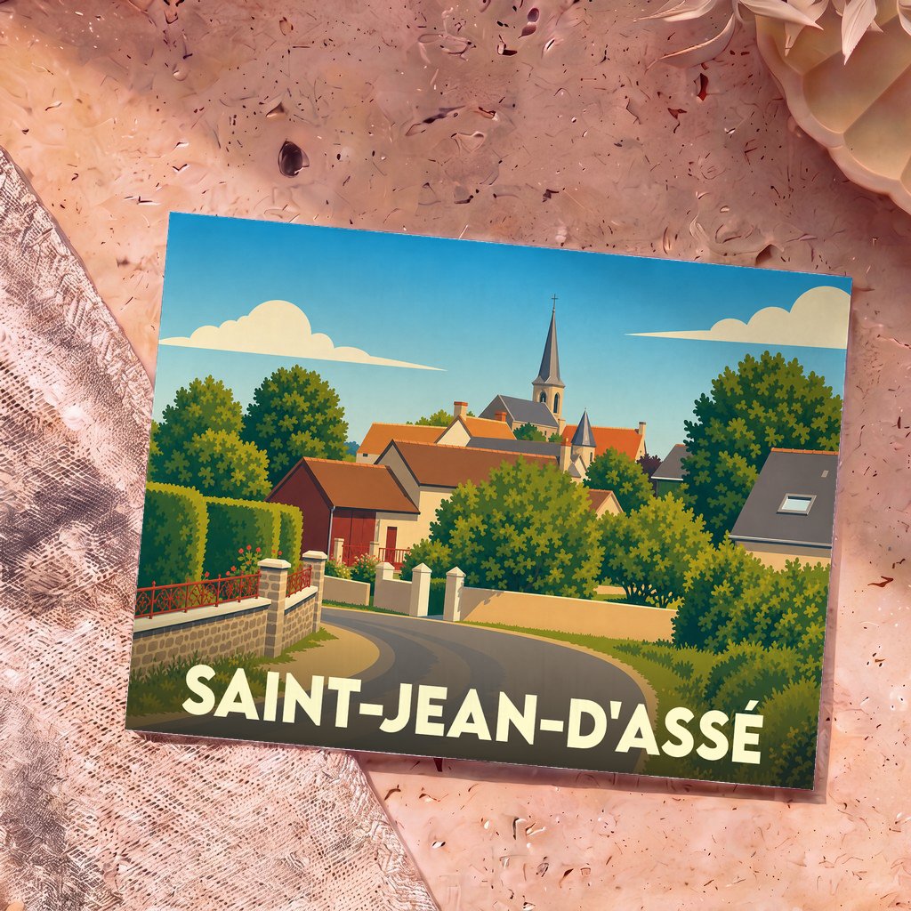 Carte postale souvenir de la ville de Saint-Jean-d'Assé avec une illustration stylisée.