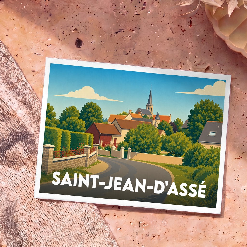 Carte postale souvenir de la ville de Saint-Jean-d'Assé avec une illustration stylisée.