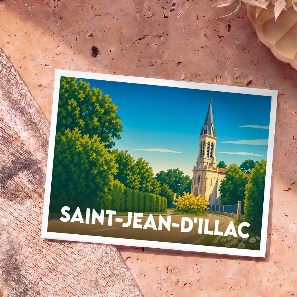 Carte postale souvenir de la ville de Saint-Jean-d'Illac avec une illustration stylisée de son église.