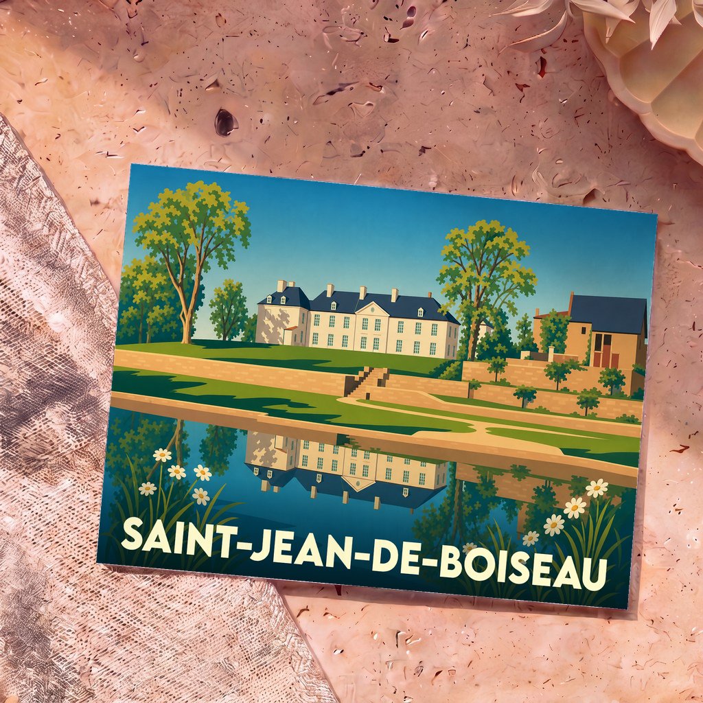Carte postale souvenir de la ville de Saint-Jean-de-Boiseau avec une illustration stylisée d'un château se reflétant dans l'eau.