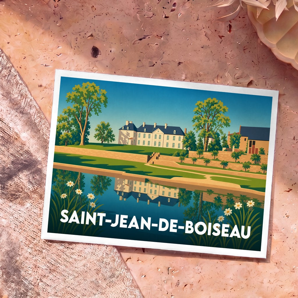 Carte postale souvenir de la ville de Saint-Jean-de-Boiseau avec une illustration stylisée d'un château se reflétant dans l'eau.