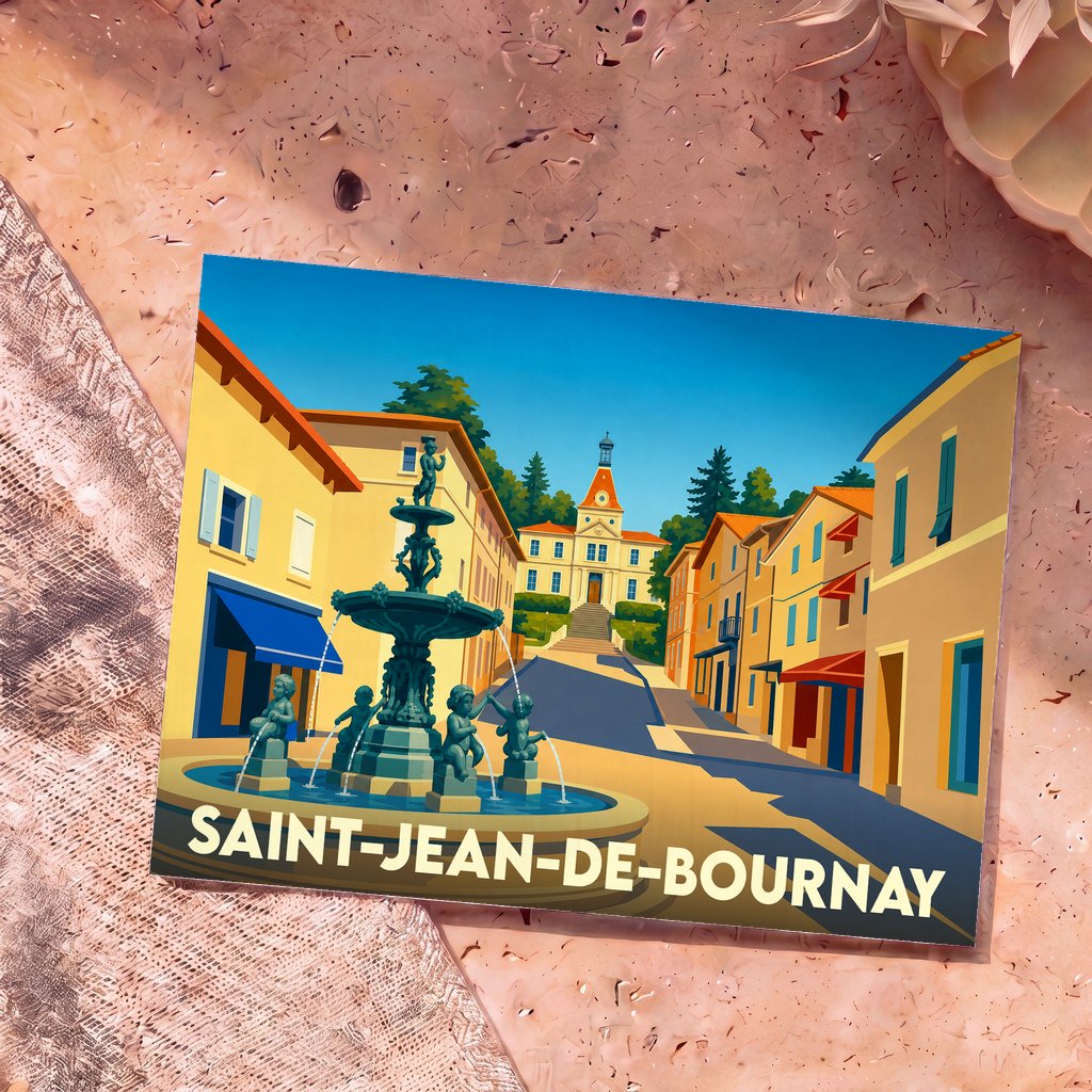 Carte postale souvenir de la ville de Saint-Jean-de-Bournay avec une illustration stylisée de sa fontaine et de son hôtel de ville.