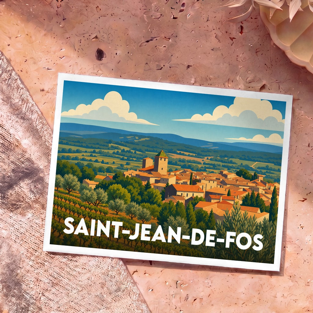 Carte postale souvenir de la ville de Saint-Jean-de-Fos avec une illustration stylisée d'un village occitan.