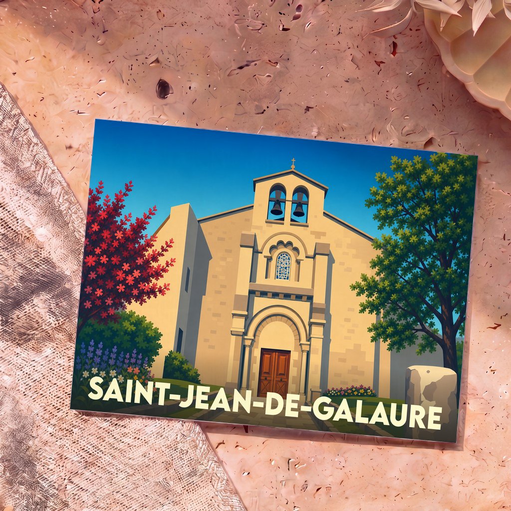 Carte postale souvenir de Saint-Jean-de-Galaure avec une illustration stylisée de son église sous un ciel bleu.