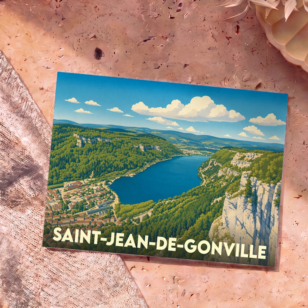 Carte postale souvenir de la ville de Saint-Jean-de-Gonville avec une illustration stylisée de son paysage entre lac et montagnes.