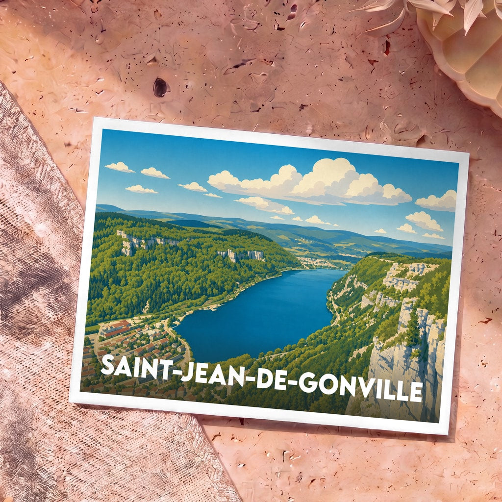 Carte postale souvenir de la ville de Saint-Jean-de-Gonville avec une illustration stylisée de son paysage entre lac et montagnes.