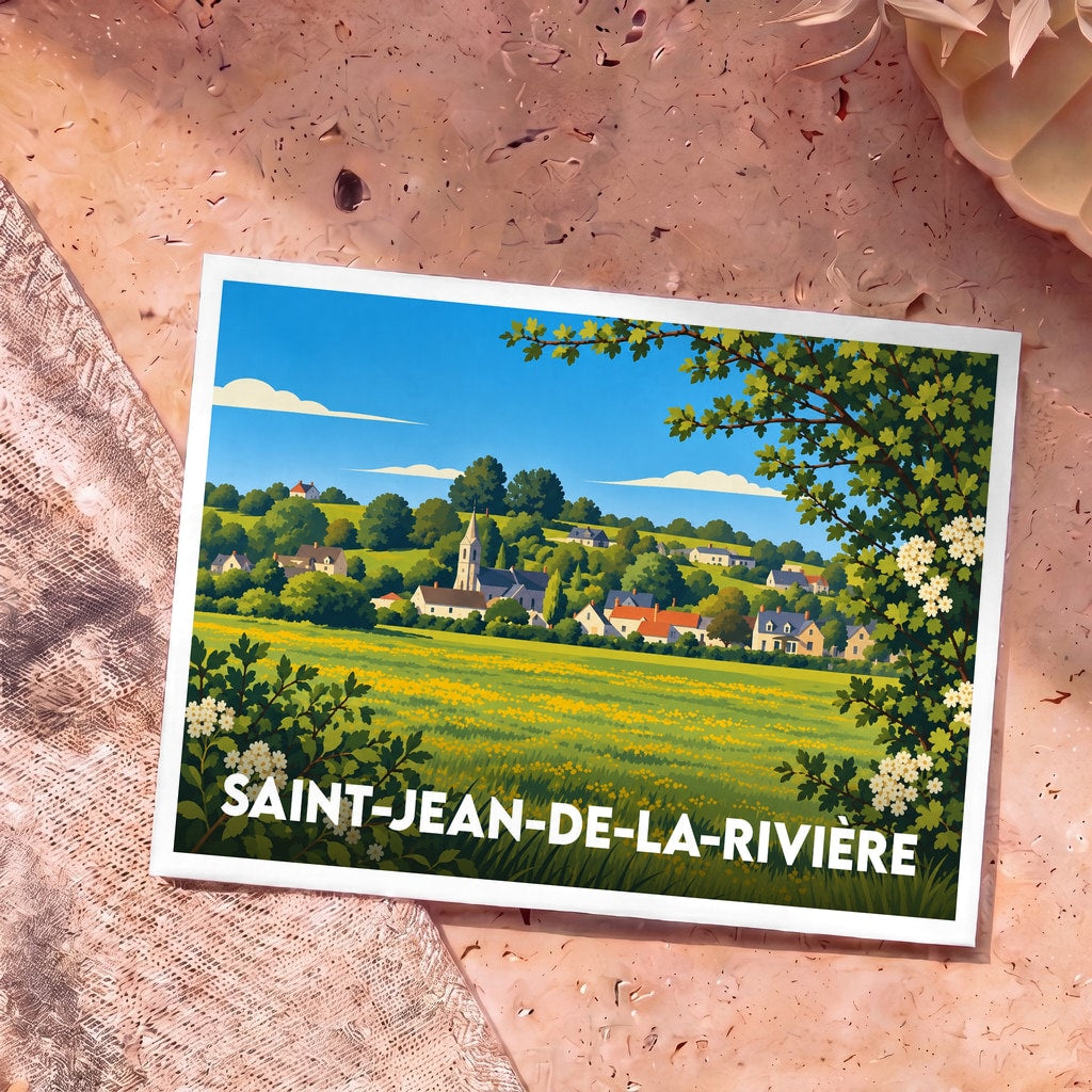 Carte postale souvenir de la ville de Saint-Jean-de-la-Rivière avec une illustration stylisée d'un village champêtre.
