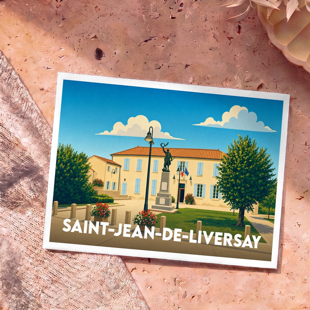 Carte postale souvenir de la ville de Saint-Jean-de-Liversay avec une illustration stylisée de sa mairie et de son monument aux morts.