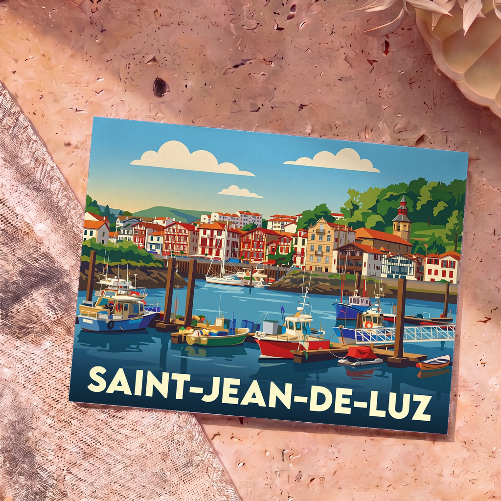 Carte postale souvenir de Saint-Jean-de-Luz présentant une illustration stylisée et colorée de son port de pêche.