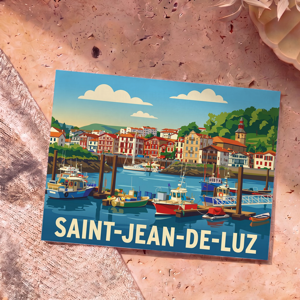 Carte postale souvenir de Saint-Jean-de-Luz présentant une illustration stylisée et colorée de son port de pêche.