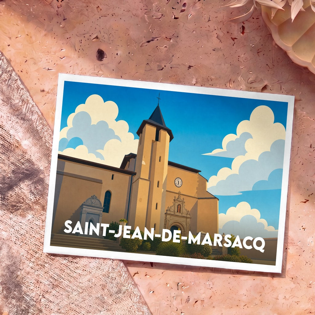 Carte postale souvenir de la ville de Saint-Jean-de-Marsacq avec une illustration stylisée de son église sous un ciel bleu nuageux.