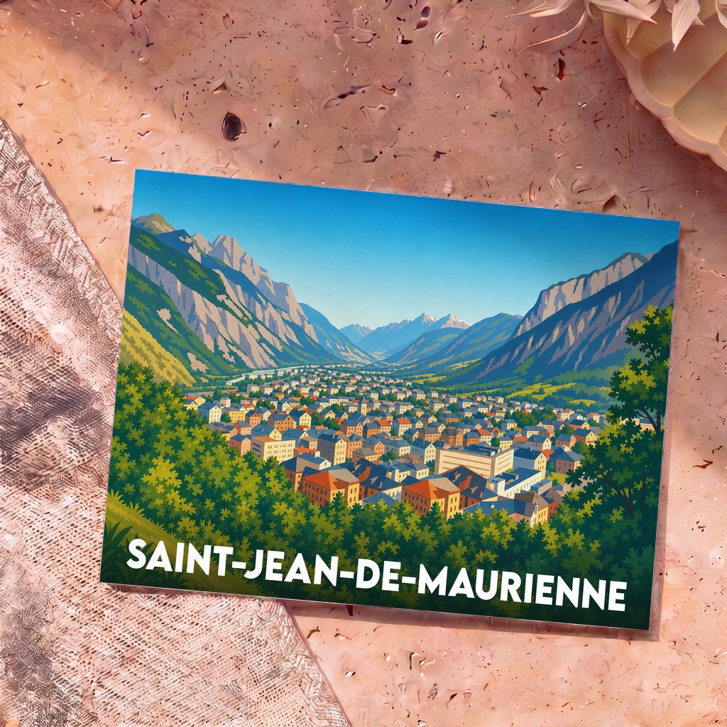 Carte postale souvenir de la ville de Saint-Jean-de-Maurienne illustrée par une vue panoramique de la vallée.