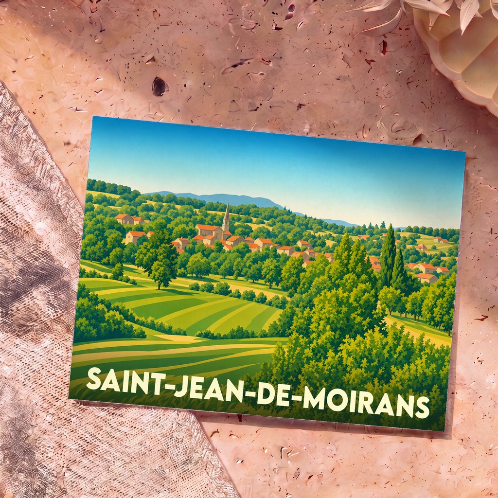 Carte postale souvenir de Saint-Jean-de-Moirans illustrant un village niché dans un paysage vallonné et verdoyant.