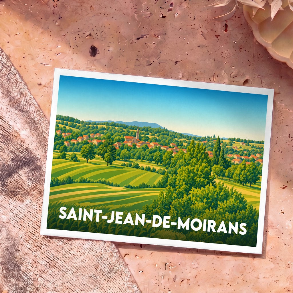 Carte postale souvenir de Saint-Jean-de-Moirans illustrant un village niché dans un paysage vallonné et verdoyant.