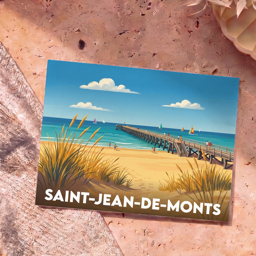 Carte postale souvenir de la ville de Saint-Jean-de-Monts avec une illustration stylisée de sa plage et de son estacade.
