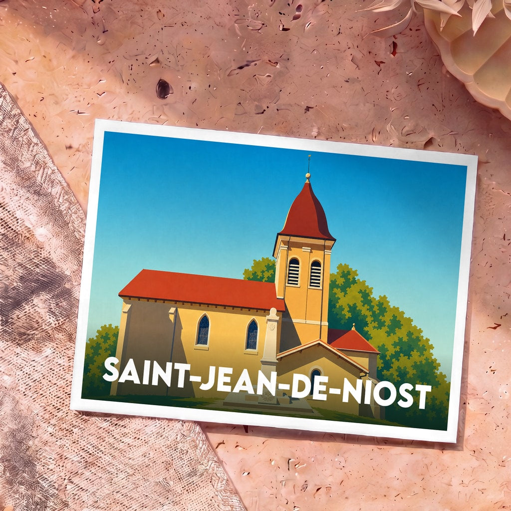 Carte postale souvenir de la ville de Saint-Jean-de-Niost avec une illustration stylisée de son église.