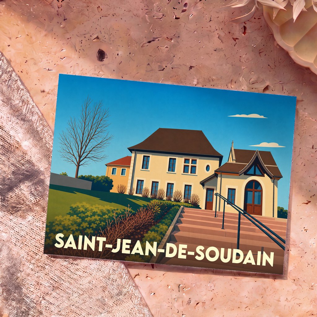 Carte postale souvenir de la ville de Saint-Jean-de-Soudain avec une illustration stylisée de sa mairie.