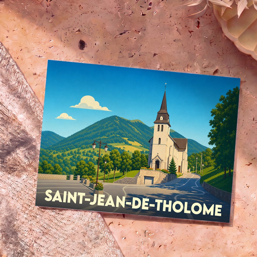 Carte postale souvenir de la ville de Saint-Jean-de-Tholome illustrant son église devant un paysage de montagnes.