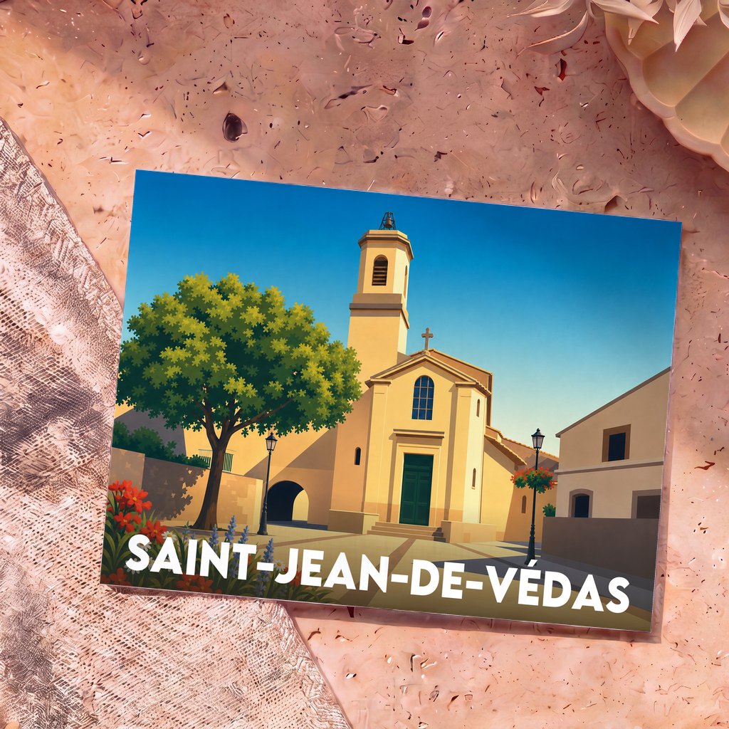 Carte postale souvenir de la ville de Saint-Jean-de-Védas avec une illustration stylisée de son église.