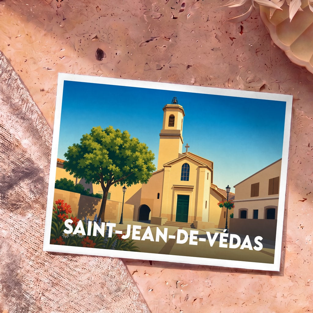 Carte postale souvenir de la ville de Saint-Jean-de-Védas avec une illustration stylisée de son église.