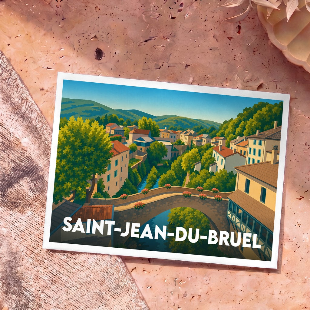 Carte postale souvenir de la ville de Saint-Jean-du-Bruel avec une illustration stylisée.