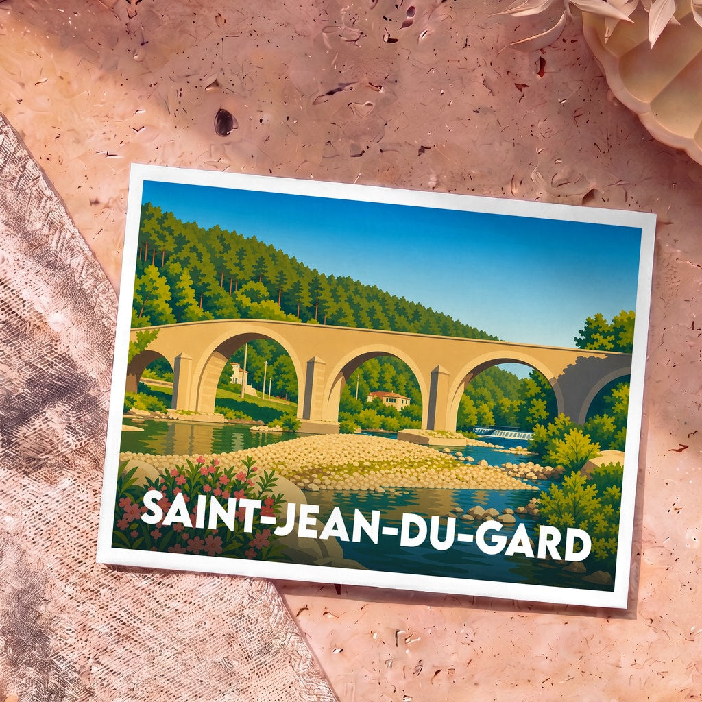 Carte postale souvenir de la ville de Saint-Jean-du-Gard illustrée d'un pont à arches au-dessus d'une rivière.