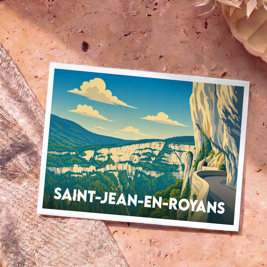 Carte postale souvenir de la ville de Saint-Jean-en-Royans avec une illustration stylisée des falaises du Vercors et de la route de Combe Laval.