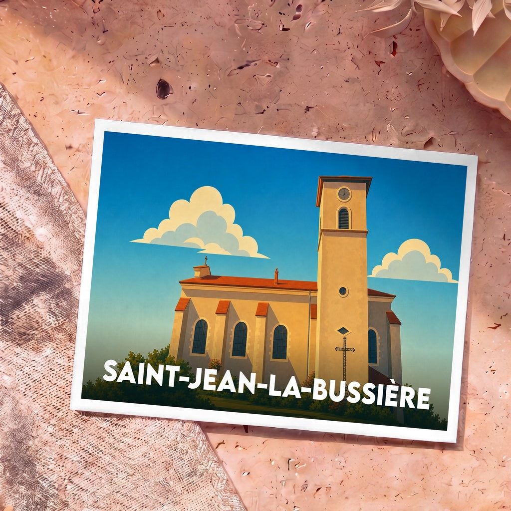 Carte postale souvenir de la ville de Saint-Jean-la-Bussière avec une illustration stylisée de son église.
