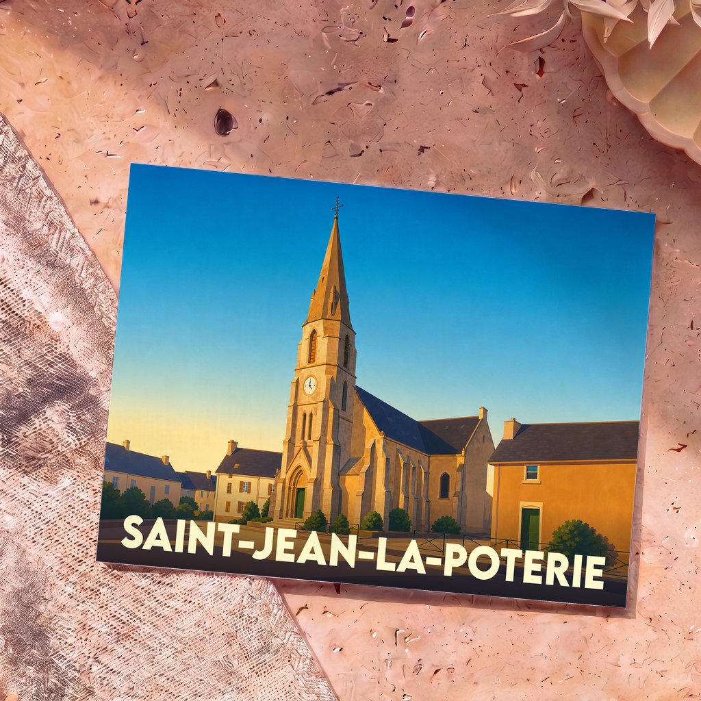 Carte postale souvenir de la ville de Saint-Jean-la-Poterie avec une illustration stylisée de son église au coucher du soleil.