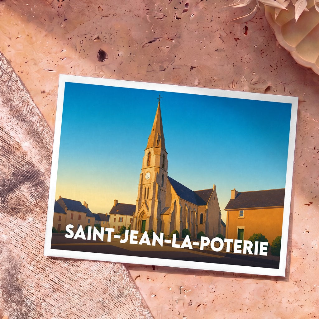 Carte postale souvenir de la ville de Saint-Jean-la-Poterie avec une illustration stylisée de son église au coucher du soleil.