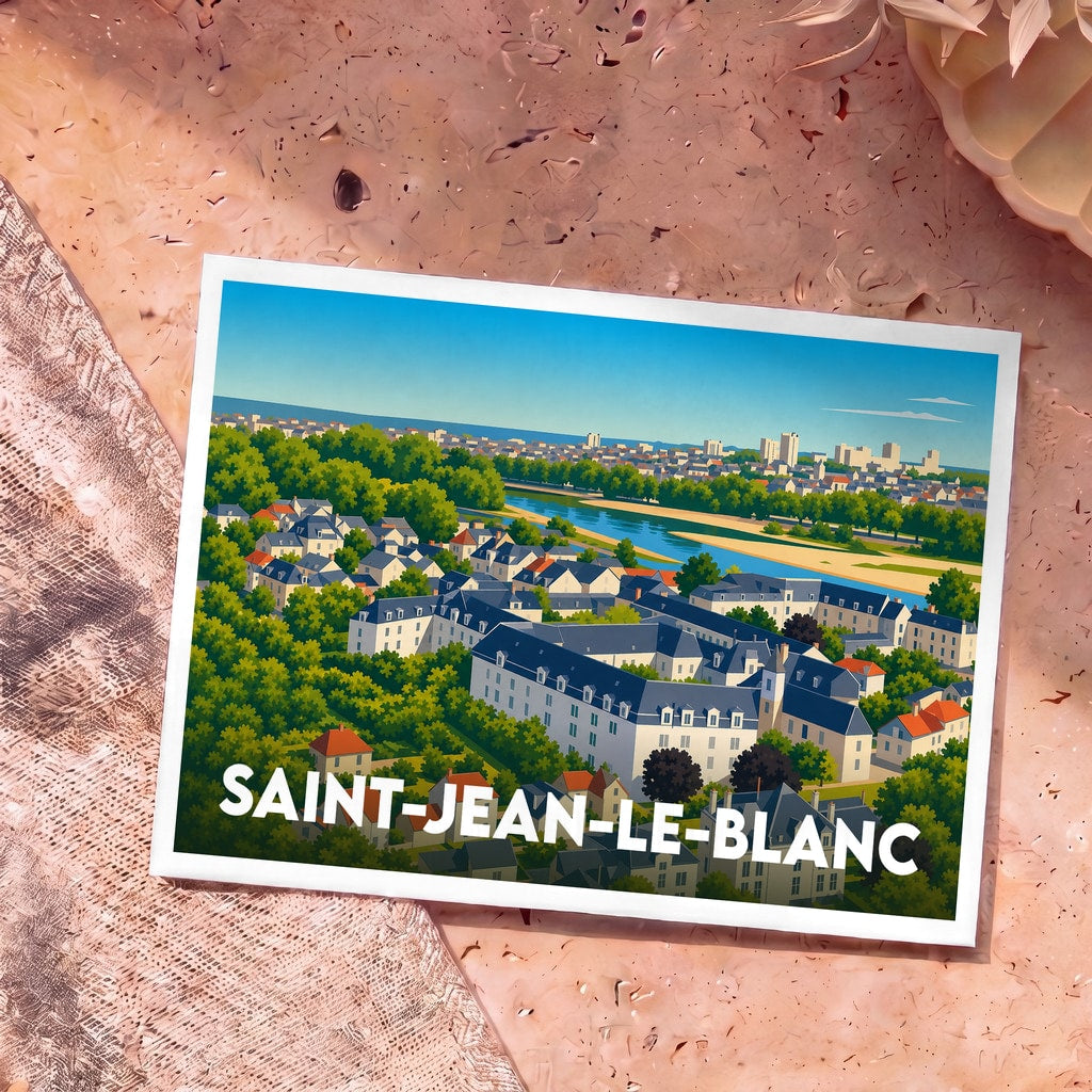 Carte postale souvenir de la ville de Saint-Jean-le-Blanc avec une illustration stylisée vue du ciel.