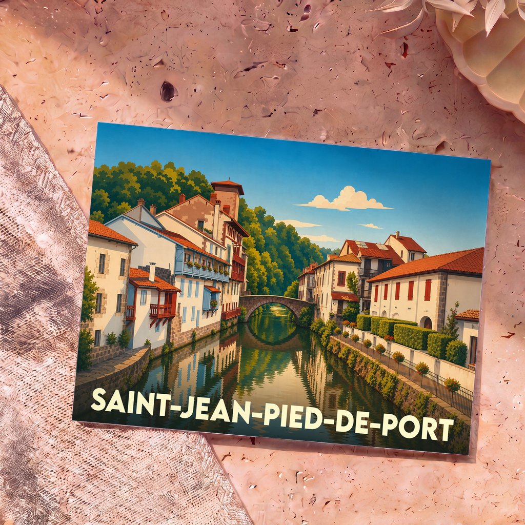 Carte postale souvenir de Saint-Jean-Pied-de-Port illustrant ses maisons pittoresques au bord de la Nive.