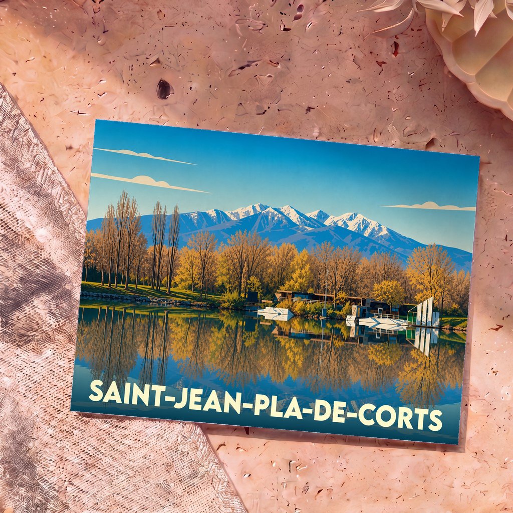 Carte postale souvenir de la ville de Saint-Jean-Pla-de-Corts avec une illustration stylisée de son lac et des montagnes.