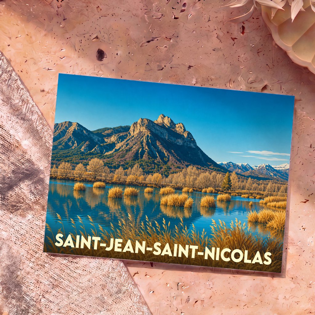 Carte postale souvenir de Saint-Jean-Saint-Nicolas illustrant un paysage de montagne se reflétant dans un lac.