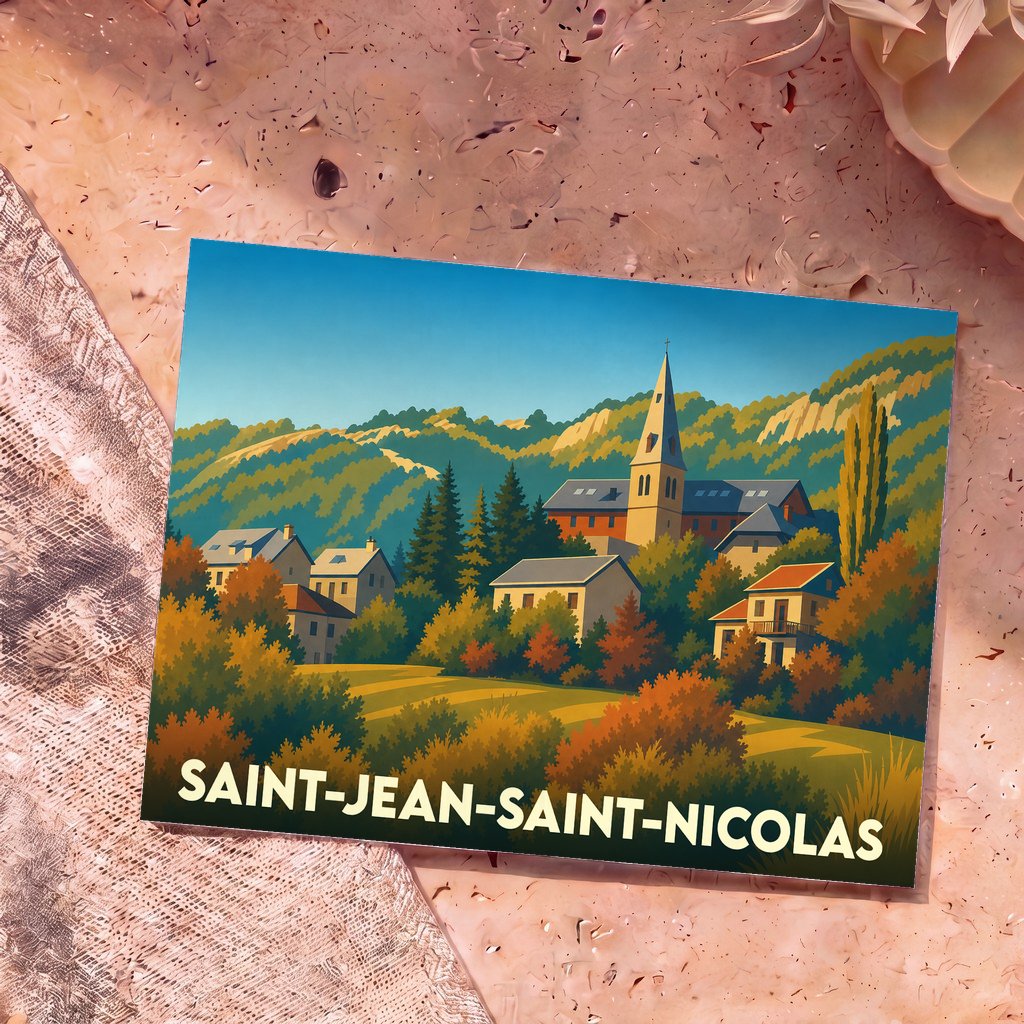 Carte postale souvenir de la ville de Saint-Jean-Saint-Nicolas avec une illustration stylisée et colorée.